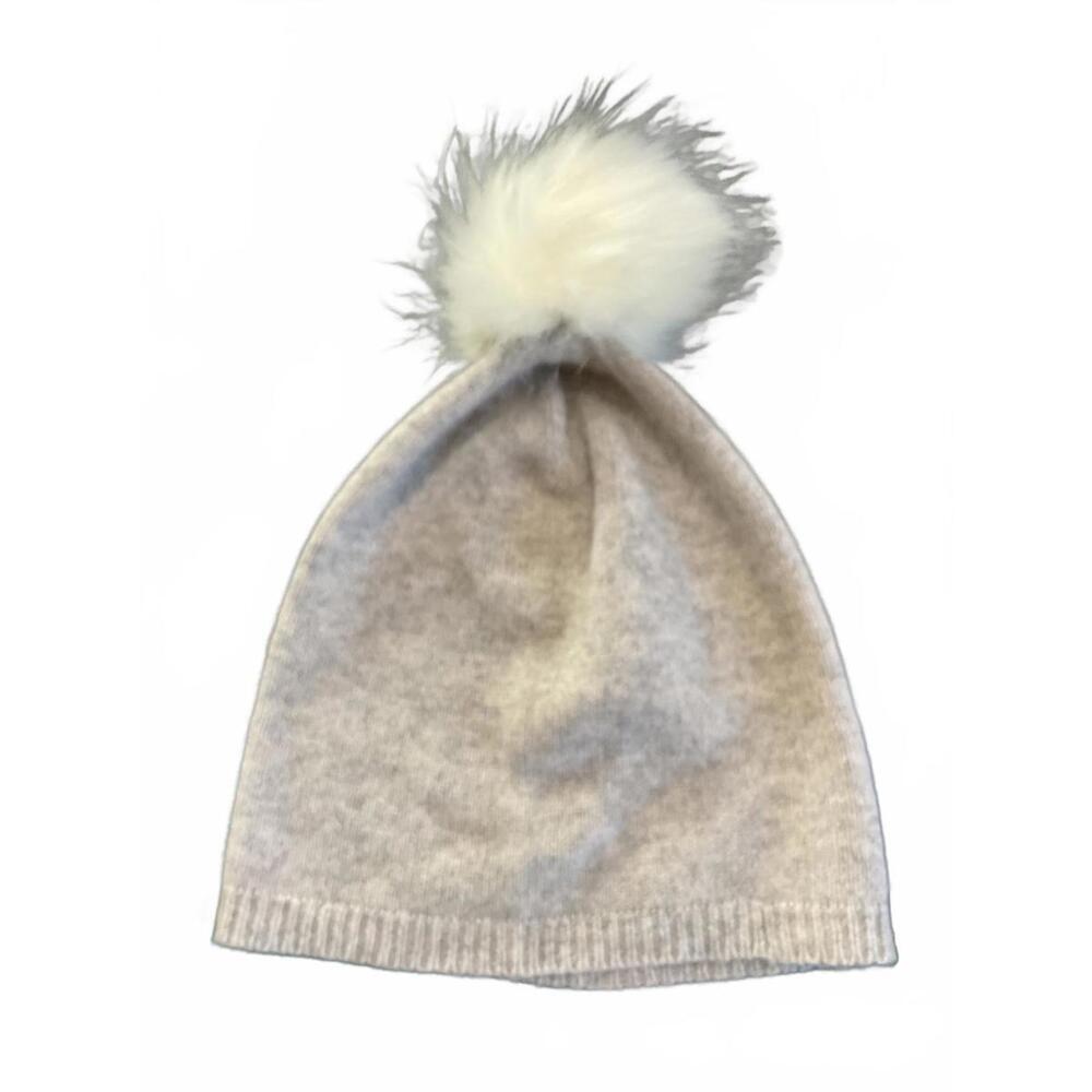 Tahari Cashmere Grey Beanie with Fluffy White Pom Pom